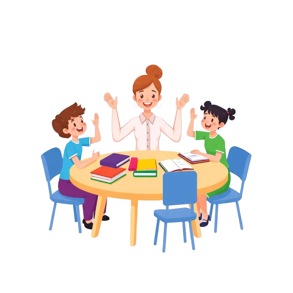 Professora e alunos a estudar juntos